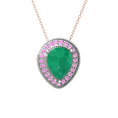 Esinti Kolye - Kök zümrüt ve pembe kuvars 14 ayar beyaz altın kolye (40 cm rose altın rolo zincir) #zgcrfz