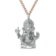 Ganeşa (Ganesha) Kolye - 14 ayar beyaz altın kolye (60 cm rose altın rolo zincir) #1uzf76p