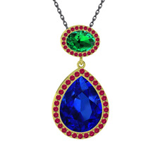 Lab safir, yeşil kuvars ve rodolit garnet 18 ayar altın kolye (40 cm gümüş rolo zincir)