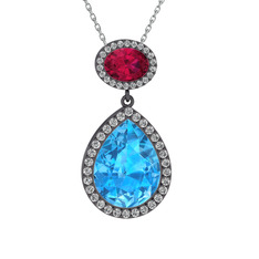 Lupine Kolye - Akuamarin, rodolit garnet ve beyaz zirkon 925 ayar siyah rodyum kaplama gümüş kolye (40 cm beyaz altın rolo zincir) #104vjv8