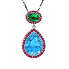 Akuamarin, yeşil kuvars ve rodolit garnet 925 ayar gümüş kolye (40 cm gümüş rolo zincir)