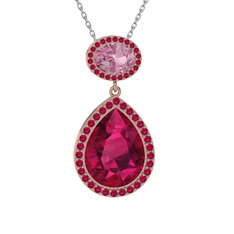 Lupine Kolye - Rodolit garnet ve pembe kuvars 8 ayar rose altın kolye (40 cm beyaz altın rolo zincir) #10shkfj