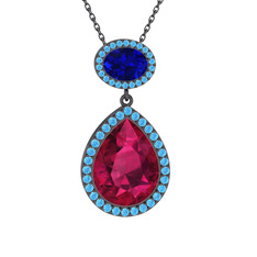 Lupine Kolye - Rodolit garnet, lab safir ve akuamarin 925 ayar siyah rodyum kaplama gümüş kolye (40 cm gümüş rolo zincir) #10t7vvs