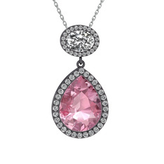 Lupine Kolye - Pembe kuvars ve beyaz zirkon 925 ayar siyah rodyum kaplama gümüş kolye (40 cm beyaz altın rolo zincir) #10uqvil