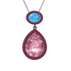 Pembe kuvars, akuamarin ve rodolit garnet 925 ayar siyah rodyum kaplama gümüş kolye (40 cm rose altın rolo zincir)