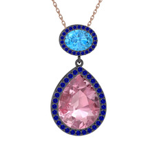 Lupine Kolye - Pembe kuvars, akuamarin ve lab safir 925 ayar siyah rodyum kaplama gümüş kolye (40 cm rose altın rolo zincir) #10zpuc2