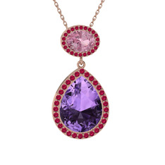 Lupine Kolye - Ametist, pembe kuvars ve rodolit garnet 18 ayar rose altın kolye (40 cm rose altın rolo zincir) #111dhir