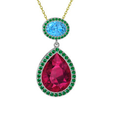 Lupine Kolye - Rodolit garnet, akuamarin ve yeşil kuvars 18 ayar beyaz altın kolye (40 cm gümüş rolo zincir) #11dzljo