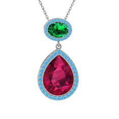 Rodolit garnet, yeşil kuvars ve akuamarin 18 ayar beyaz altın kolye (40 cm gümüş rolo zincir)