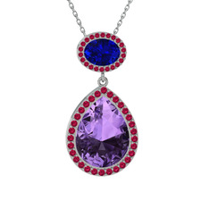 Ametist, lab safir ve rodolit garnet 8 ayar beyaz altın kolye (40 cm beyaz altın rolo zincir)