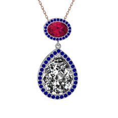 Beyaz zirkon, rodolit garnet ve lab safir 925 ayar gümüş kolye (40 cm rose altın rolo zincir)