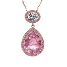Pembe kuvars ve beyaz zirkon 14 ayar rose altın kolye (40 cm gümüş rolo zincir)