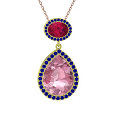 Lupine Kolye - Pembe kuvars, rodolit garnet ve lab safir 8 ayar altın kolye (40 cm rose altın rolo zincir) #12k7epi