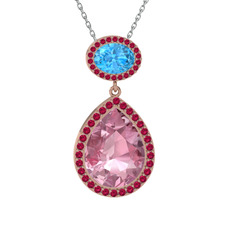 Pembe kuvars, akuamarin ve rodolit garnet 925 ayar rose altın kaplama gümüş kolye (40 cm beyaz altın rolo zincir)