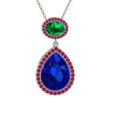 Lab safir, yeşil kuvars ve rodolit garnet 14 ayar beyaz altın kolye (40 cm rose altın rolo zincir)