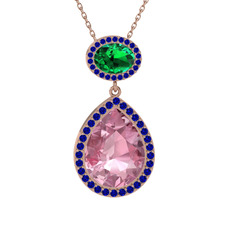 Pembe kuvars, yeşil kuvars ve lab safir 18 ayar rose altın kolye (40 cm gümüş rolo zincir)