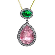 Lupine Kolye - Pembe kuvars, yeşil kuvars ve beyaz zirkon 925 ayar siyah rodyum kaplama gümüş kolye (40 cm altın rolo zincir) #13sumg