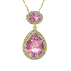 Pembe kuvars ve beyaz zirkon 14 ayar altın kolye (40 cm altın rolo zincir)