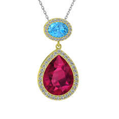 Rodolit garnet, akuamarin ve beyaz zirkon 18 ayar altın kolye (40 cm gümüş rolo zincir)