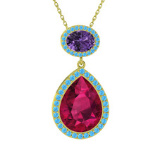 Rodolit garnet, ametist ve akuamarin 925 ayar altın kaplama gümüş kolye (40 cm altın rolo zincir)