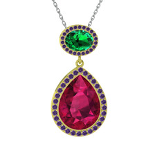Lupine Kolye - Rodolit garnet, yeşil kuvars ve ametist 14 ayar altın kolye (40 cm gümüş rolo zincir) #1497skz