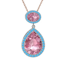 Pembe kuvars ve akuamarin 14 ayar beyaz altın kolye (40 cm rose altın rolo zincir)