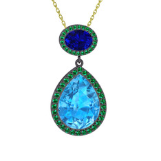 Lupine Kolye - Akuamarin, lab safir ve yeşil kuvars 925 ayar siyah rodyum kaplama gümüş kolye (40 cm gümüş rolo zincir) #14sptc1