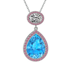 Lupine Kolye - Akuamarin, beyaz zirkon ve pembe kuvars 8 ayar beyaz altın kolye (40 cm beyaz altın rolo zincir) #14yubll