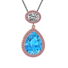 Akuamarin, beyaz zirkon ve pembe kuvars 925 ayar rose altın kaplama gümüş kolye (40 cm gümüş rolo zincir)