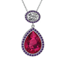 Rodolit garnet, beyaz zirkon ve ametist 8 ayar beyaz altın kolye (40 cm gümüş rolo zincir)