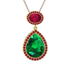 Yeşil kuvars ve rodolit garnet 18 ayar altın kolye (40 cm rose altın rolo zincir)