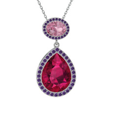 Rodolit garnet, pembe kuvars ve ametist 8 ayar beyaz altın kolye (40 cm beyaz altın rolo zincir)