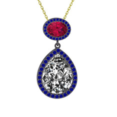 Beyaz zirkon, rodolit garnet ve lab safir 925 ayar siyah rodyum kaplama gümüş kolye (40 cm altın rolo zincir)