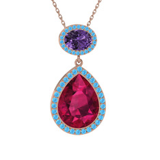Lupine Kolye - Rodolit garnet, ametist ve akuamarin 8 ayar rose altın kolye (40 cm gümüş rolo zincir) #1602jtv