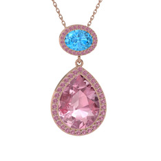 Pembe kuvars ve akuamarin 18 ayar rose altın kolye (40 cm gümüş rolo zincir)
