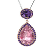 Lupine Kolye - Pembe kuvars ve ametist 18 ayar rose altın kolye (40 cm gümüş rolo zincir) #163e2dr