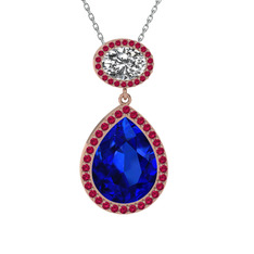 Lab safir, beyaz zirkon ve rodolit garnet 925 ayar rose altın kaplama gümüş kolye (40 cm beyaz altın rolo zincir)