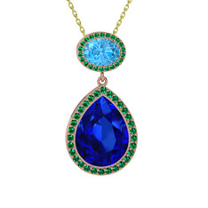 Lab safir, akuamarin ve yeşil kuvars 14 ayar rose altın kolye (40 cm altın rolo zincir)
