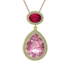 Lupine Kolye - Pembe kuvars, rodolit garnet ve beyaz zirkon 8 ayar altın kolye (40 cm rose altın rolo zincir) #16w49tw
