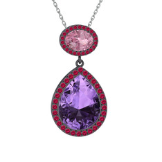 Lupine Kolye - Ametist, pembe kuvars ve rodolit garnet 925 ayar siyah rodyum kaplama gümüş kolye (40 cm beyaz altın rolo zincir) #16wfiep