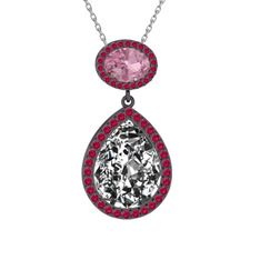 Beyaz zirkon, pembe kuvars ve rodolit garnet 925 ayar siyah rodyum kaplama gümüş kolye (40 cm beyaz altın rolo zincir)
