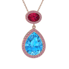 Akuamarin, rodolit garnet ve pembe kuvars 14 ayar rose altın kolye (40 cm gümüş rolo zincir)