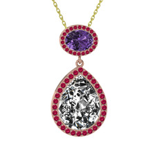 Beyaz zirkon, ametist ve rodolit garnet 8 ayar rose altın kolye (40 cm altın rolo zincir)