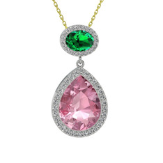 Pembe kuvars, yeşil kuvars ve beyaz zirkon 925 ayar gümüş kolye (40 cm altın rolo zincir)