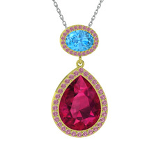 Rodolit garnet, akuamarin ve pembe kuvars 18 ayar altın kolye (40 cm gümüş rolo zincir)