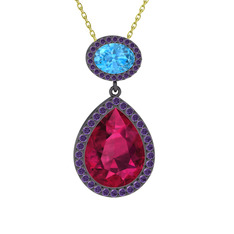 Lupine Kolye - Rodolit garnet, akuamarin ve ametist 925 ayar siyah rodyum kaplama gümüş kolye (40 cm altın rolo zincir) #17neyif