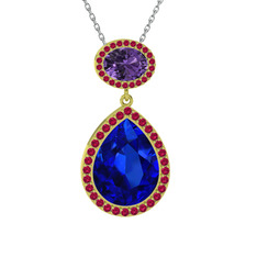 Lab safir, ametist ve rodolit garnet 8 ayar altın kolye (40 cm gümüş rolo zincir)