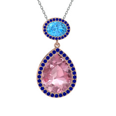 Lupine Kolye - Pembe kuvars, akuamarin ve lab safir 18 ayar rose altın kolye (40 cm beyaz altın rolo zincir) #1809ea7