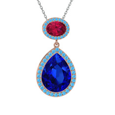 Lupine Kolye - Lab safir, rodolit garnet ve akuamarin 18 ayar rose altın kolye (40 cm gümüş rolo zincir) #187445y