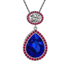 Lupine Kolye - Lab safir, beyaz zirkon ve rodolit garnet 8 ayar beyaz altın kolye (40 cm gümüş rolo zincir) #188p5bs